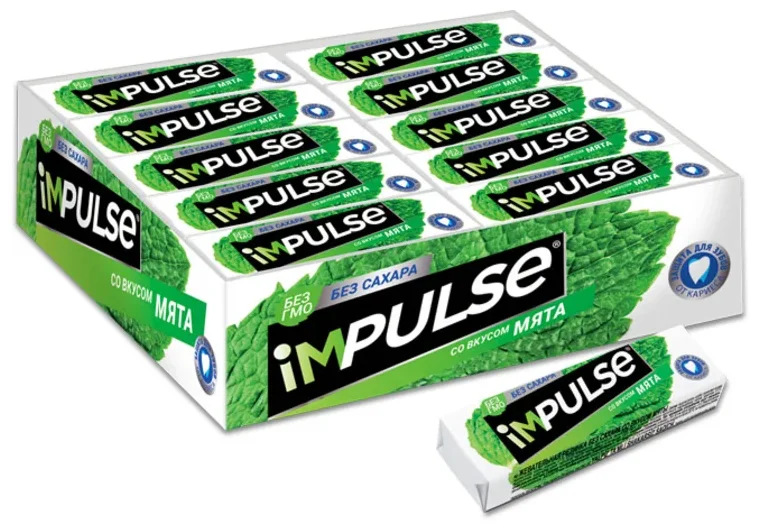 Мс жвачка. Жев.резинка Impulse со вкусом мяты 14гр. Impulse жвачка мята 14 г. «Impulse», жевательная резинка со вкусом «мята», без сахара, 14 г. Жевательная резинка Impulse 14гр.